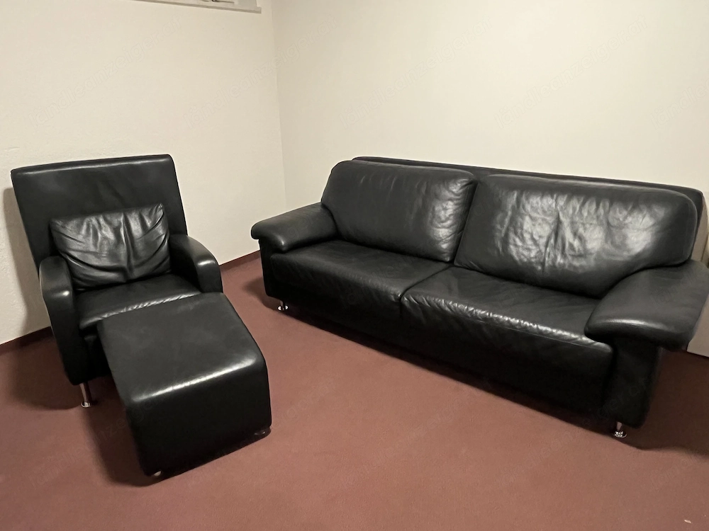 Ledercouch schwarz mit Fauteuil