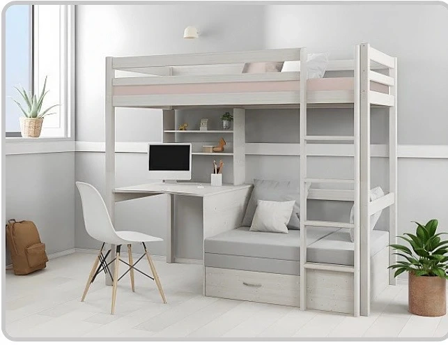 Hochbett mit Schreibtisch, Schlafsofa, Stauraum & Matratze