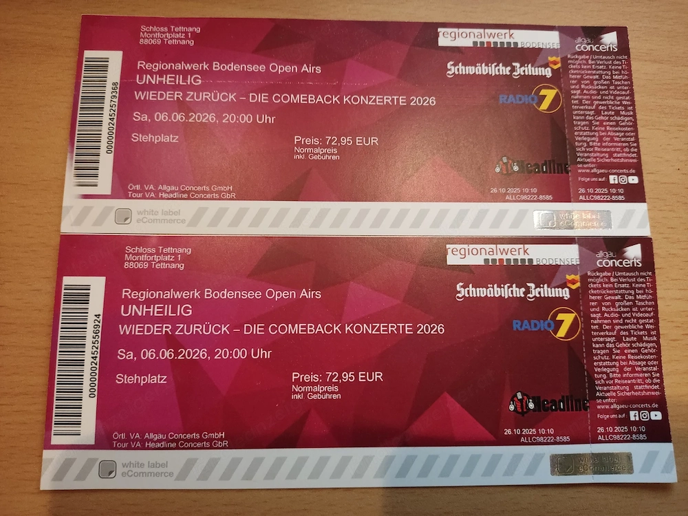  2x Tickets für UNHEILIG   Open Air Tettnang 2026   AUSVERKAUFT