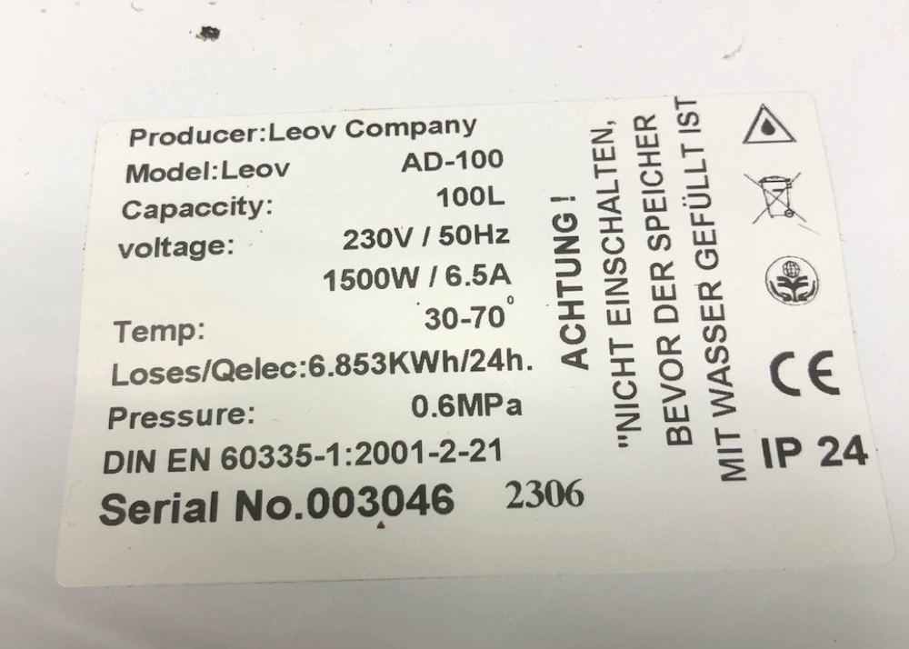  Warmwasserspeicher (Boiler) der Marke LEOV.  Modell: AD-100 100 Liter
