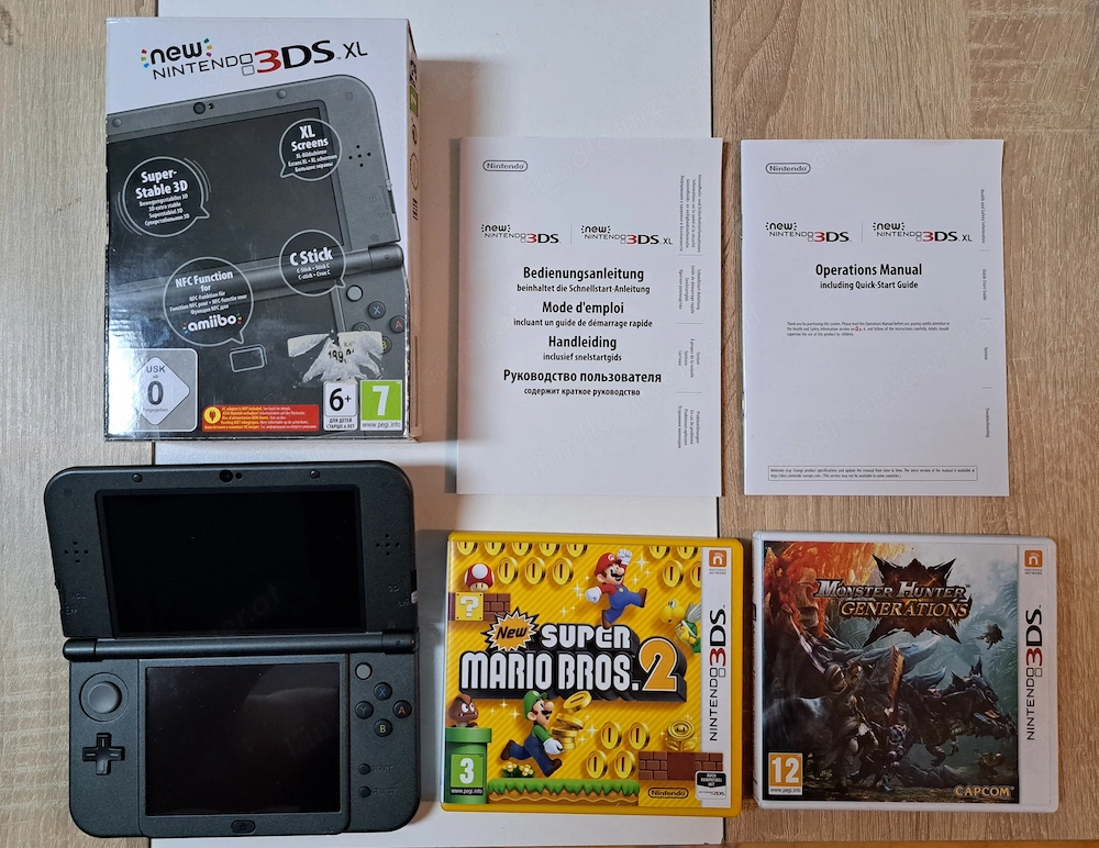 New Nintendo 3DS XL Metallic Black - OVP + Ladekabel + 2 Spiele (Mario & Monster Hunter)