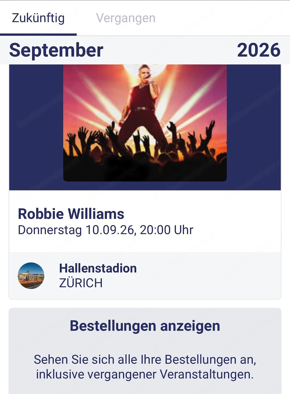  2 Tickets für Robbie Williams Konzert in Zürich 10.09.2026 zu verkaufen 