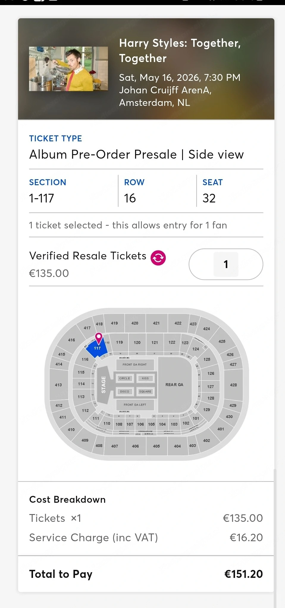 Harry Styles Ticket - Amsterdam 16.5.2026 - Sitzplatz (Opening Konzert)