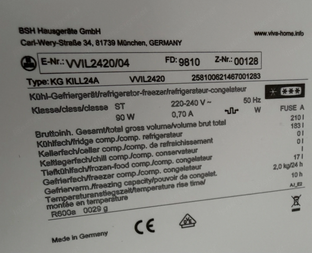 Kühlschrank Inch. TK Fach