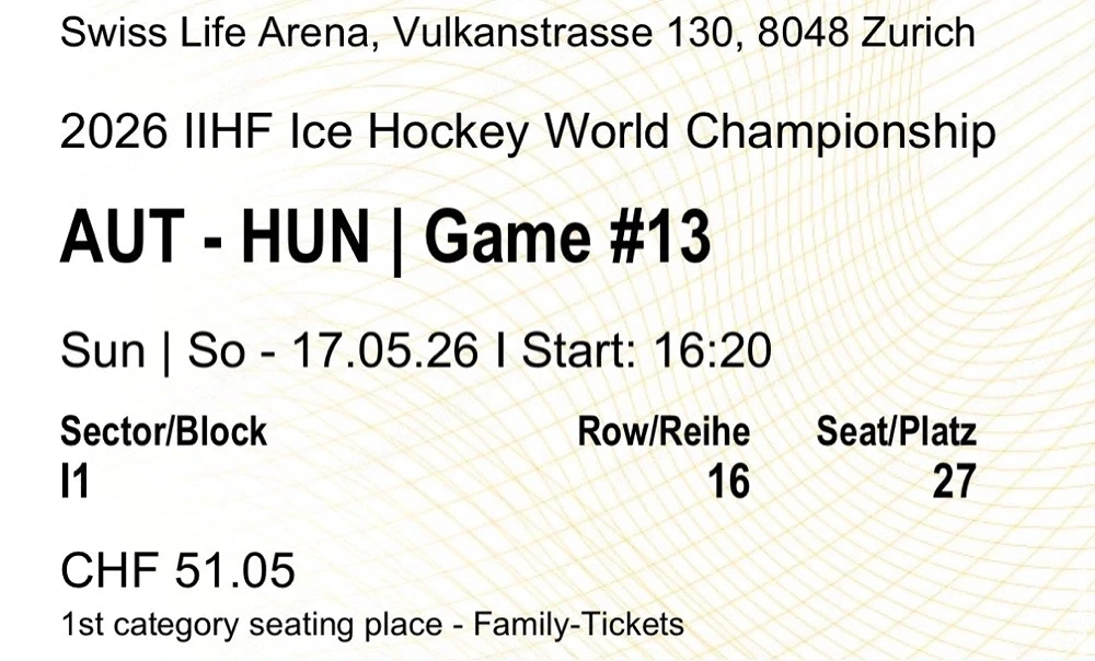 Eishockey WM: Verkaufe 1 Ticket Österreich-Ungarn