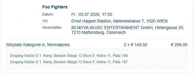 Foo Fighters Ticket Wien Ernst Happel Stadion