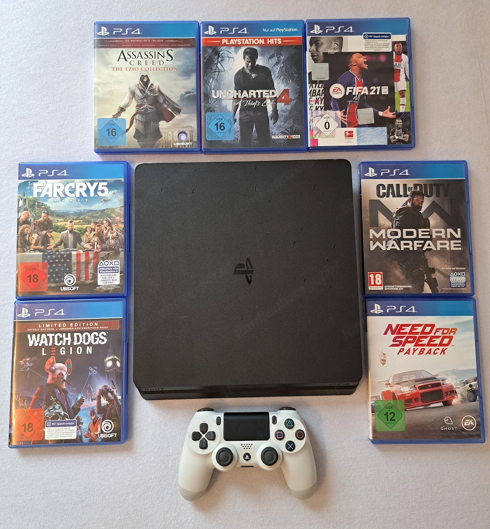 Sony PlayStation 4 PS4 Slim - Top Zustand inkl. Controller, 7 Spiele & Kabel