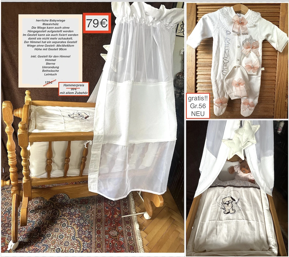 Wiege Holz massiv & Babyset: Strampler