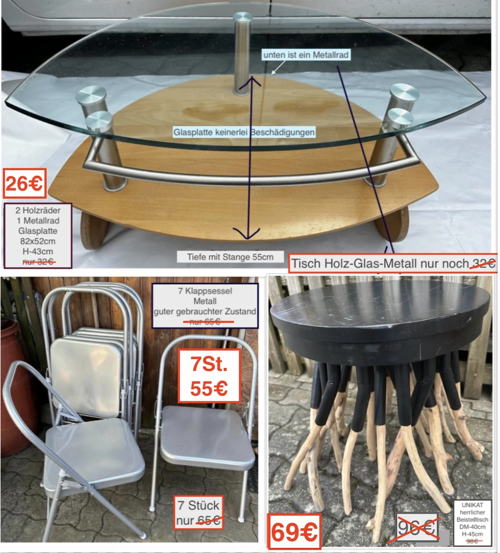  Klappsessel Couchtisch Beistelltisch UNIKAT Metallsessel
