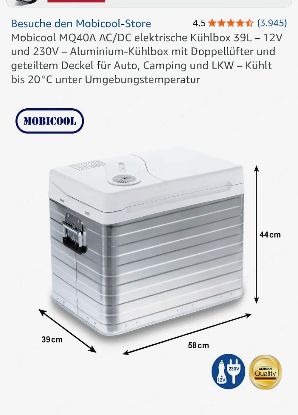 Elektrische Kühlbox 36L. -12 V