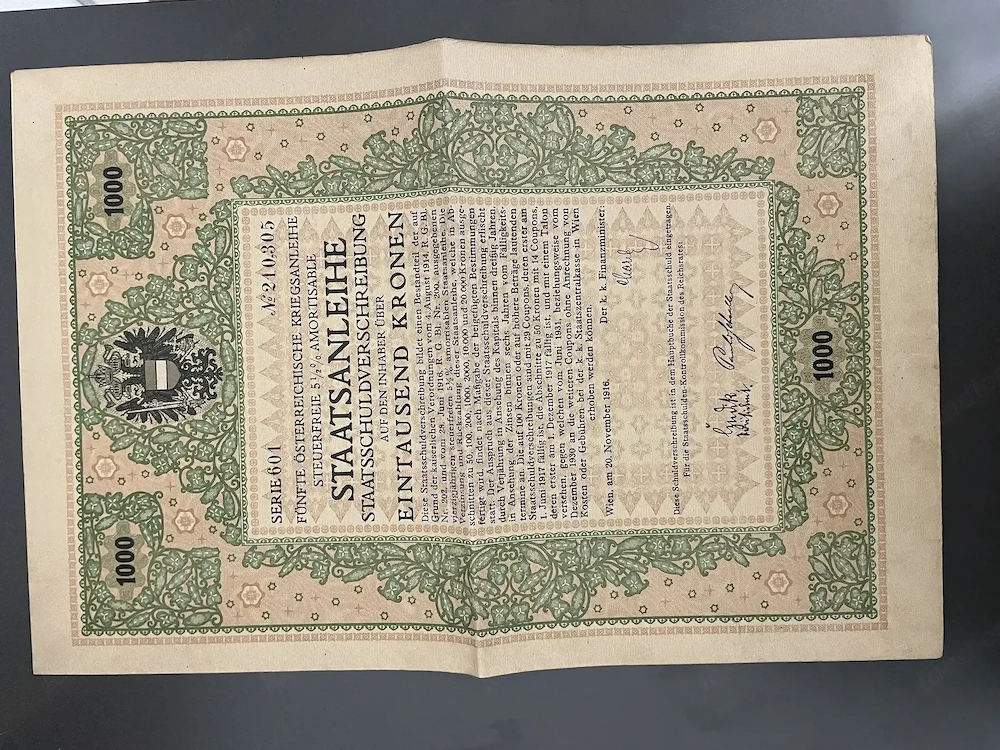 Historische Kriegsanleihe 1916 - 1000 Kronen - Österreich-Ungarn - K. u. K.