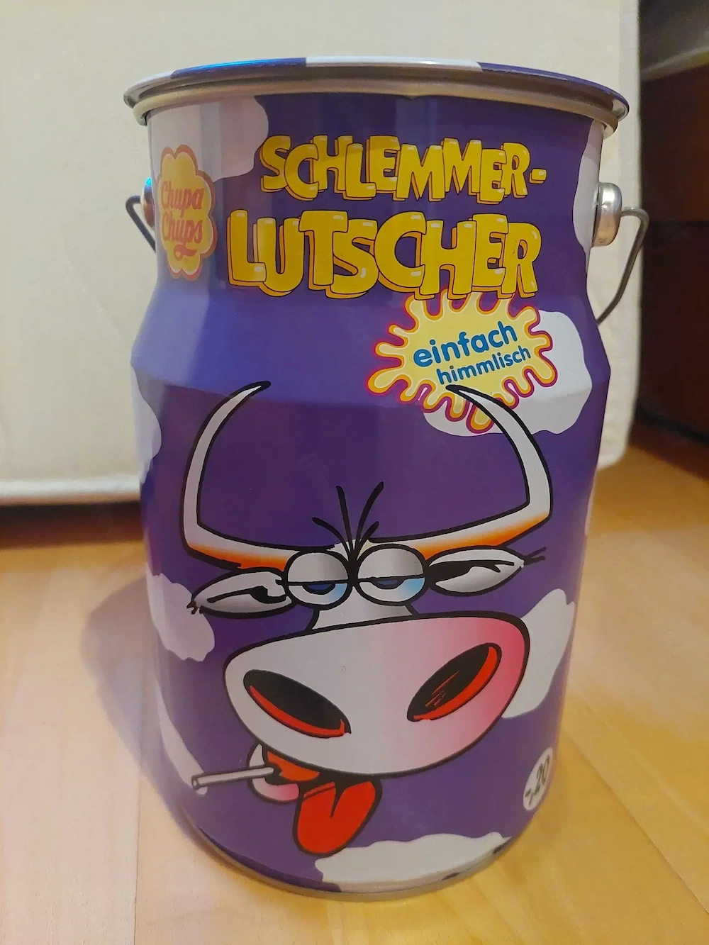 Blechdose Chupa Chups mit lila Kuhmotiv