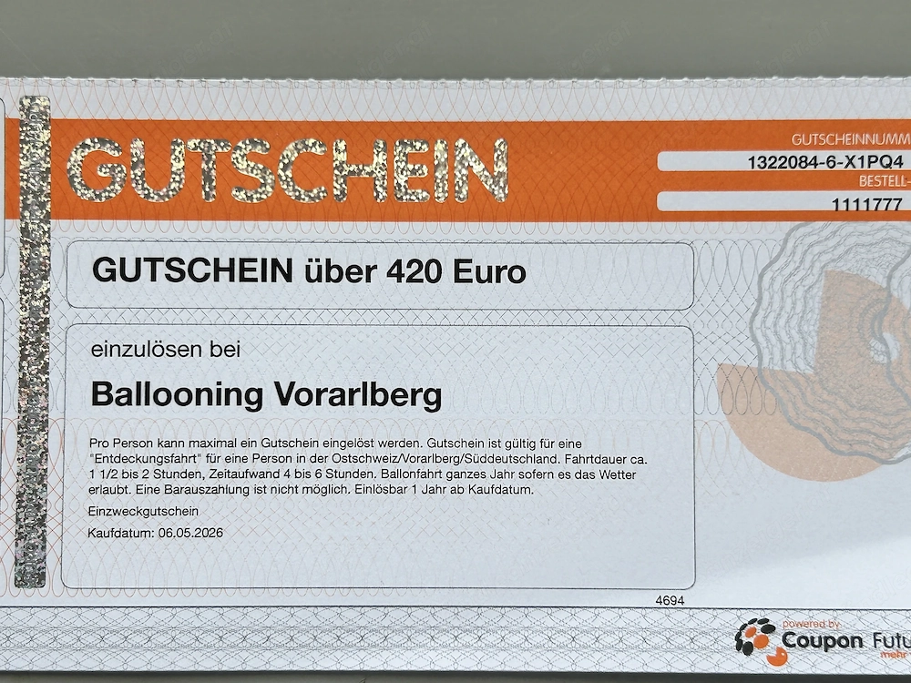 Gutschein Ballonfahrt am Bodensee   Wert   420  Gültig 1 jahr ab  dem 06.05.2026