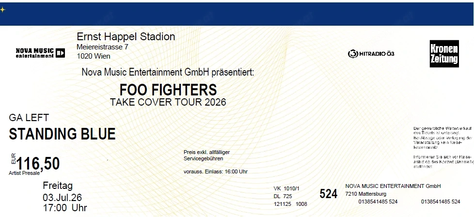 Ticket für FOO FIGHTERS in Wien - 03 07 26 - Stehplatz