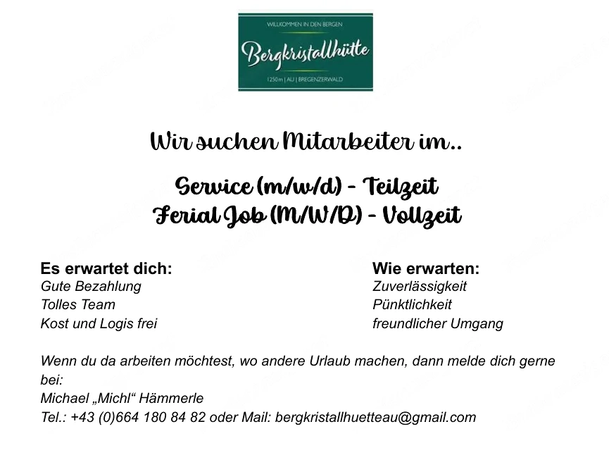 Servicepersonal gesucht, Hüttenjob in Teilzeit Vollzeit, Bergkristallhütte in Au