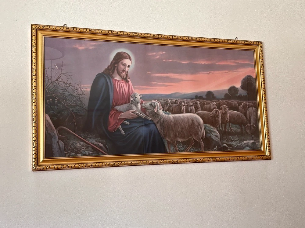Großes religiöses Wandbild "Jesus als guter Hirte" mit Goldrahmen