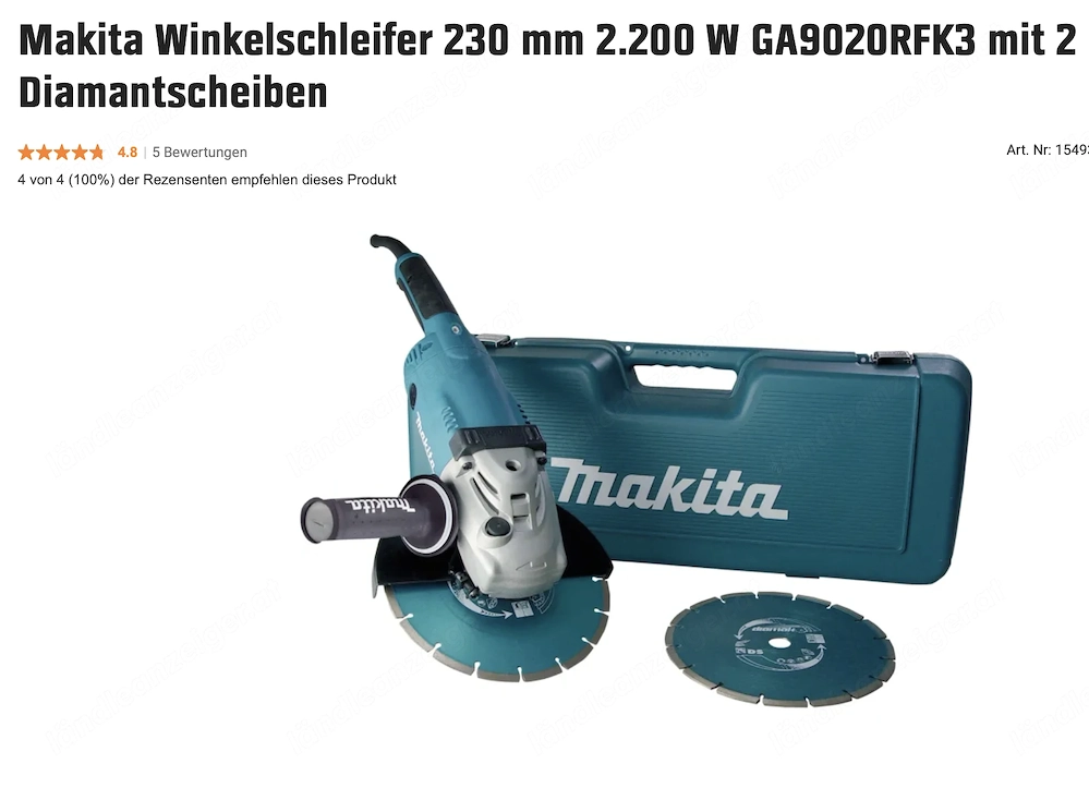 Makita Winkelschleifer 230mm 2.200W GA9020 mit 2 Diamantscheiben und Koffer