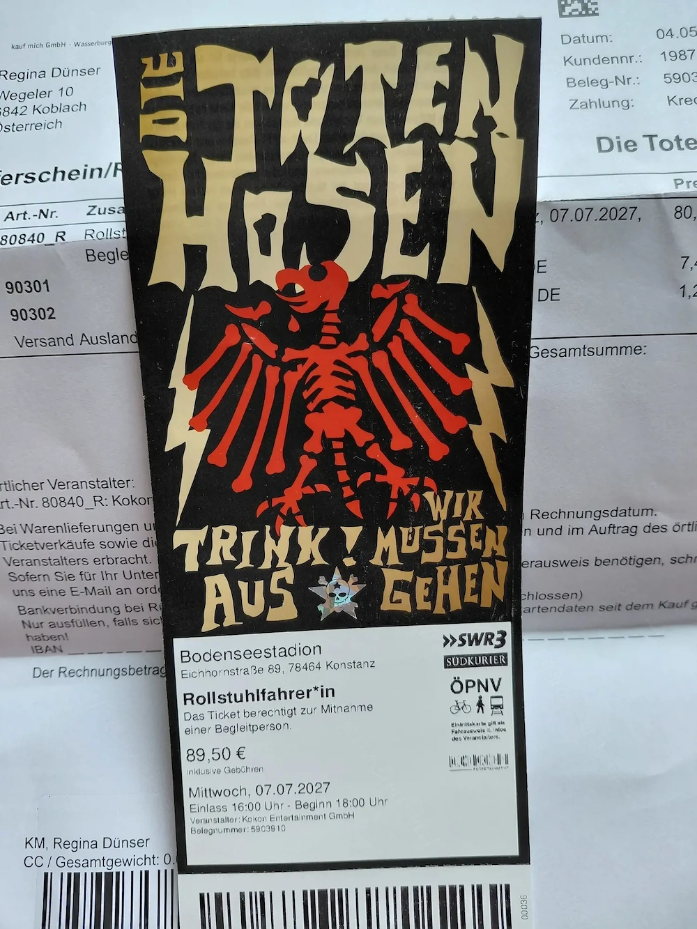 Tote Hosen Ticket Rollstuhl mit Begleitperson 
