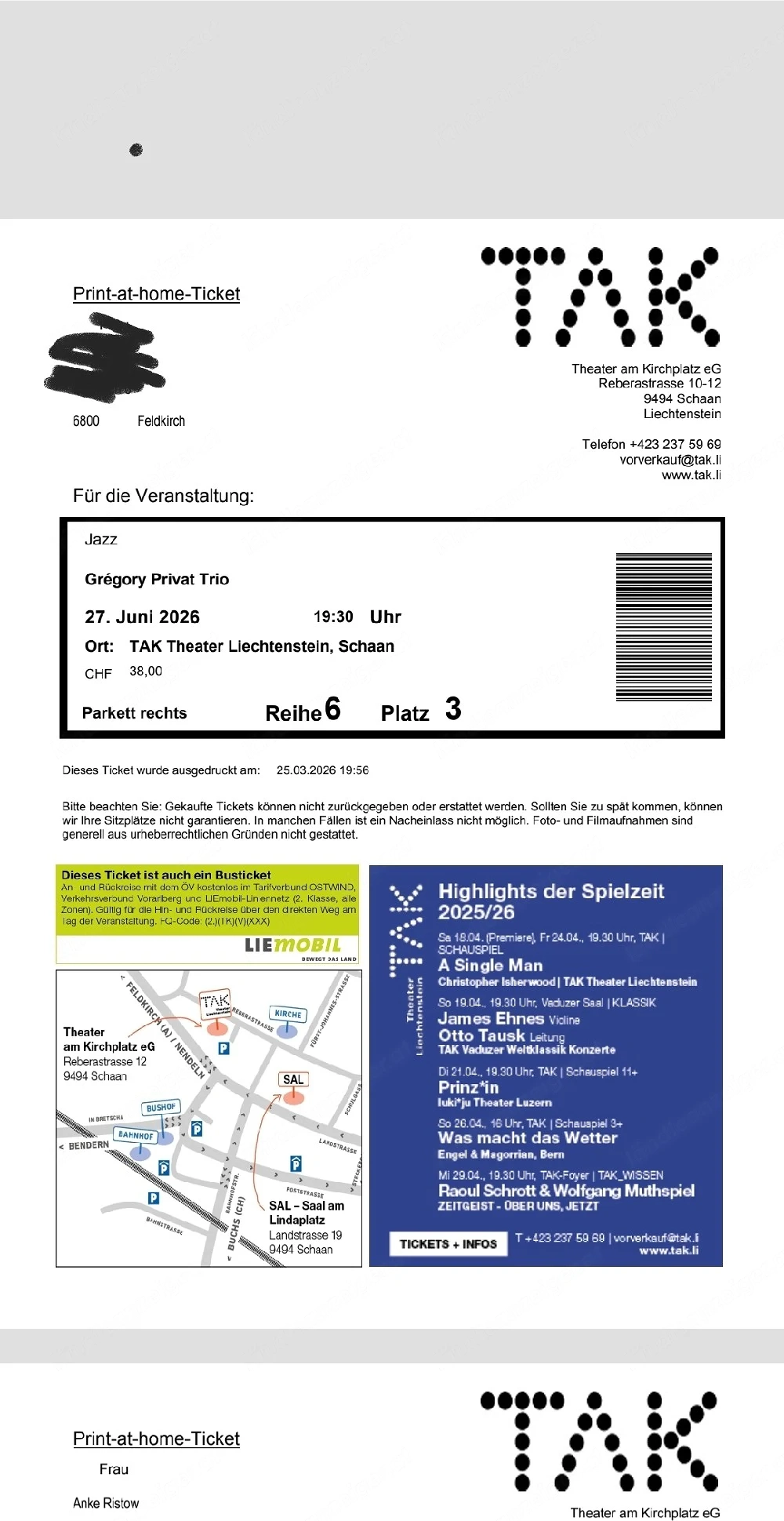 Tickets TAK Schaan Gregory Privat Trio 27.06.2026