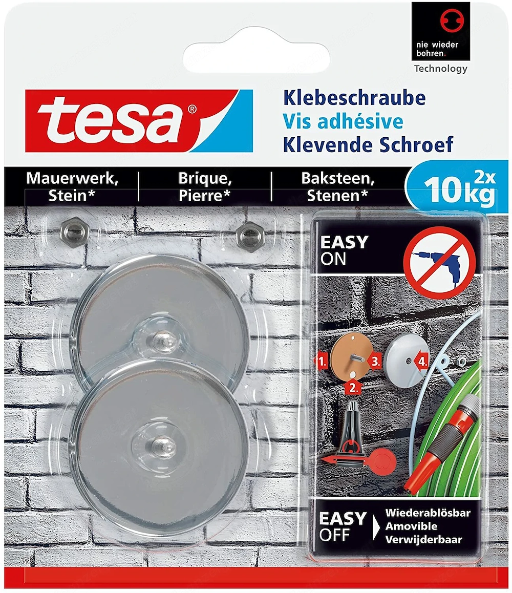 tesa Klebeschraube f r Mauerwerk und Stein, Halteleistung 10 kg, rund, 2 St ck in der Verpackung