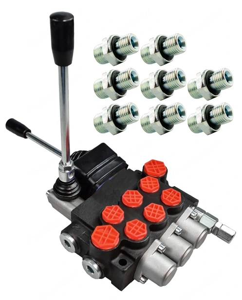 hydraulischer Verteiler 40 l gesteuert durch einen Joystick und einen Hebel mit Anschlussstuecken