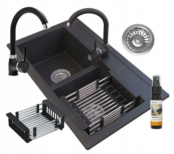 Artikel: Granite sink + mixer tap + siphon black XXL set selection of holes Hochwertiger Artikel aus
