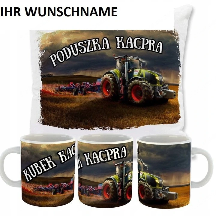 CLAAS Geschenk Set Tasse und Kissen mit Wunschname Druck