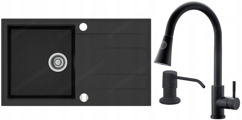 Artikel: Granite sink + mixer tap + liquid dispenser + siphon black XXL set Hochwertiger Artikel aus