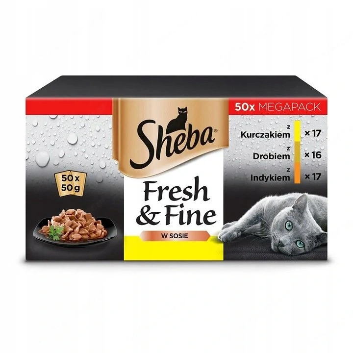SHEBA Fresh Fine 50 x 50 g Nassfutter Katzenfutter Saucenbeutel mit Huhn Gefluegel und Pute