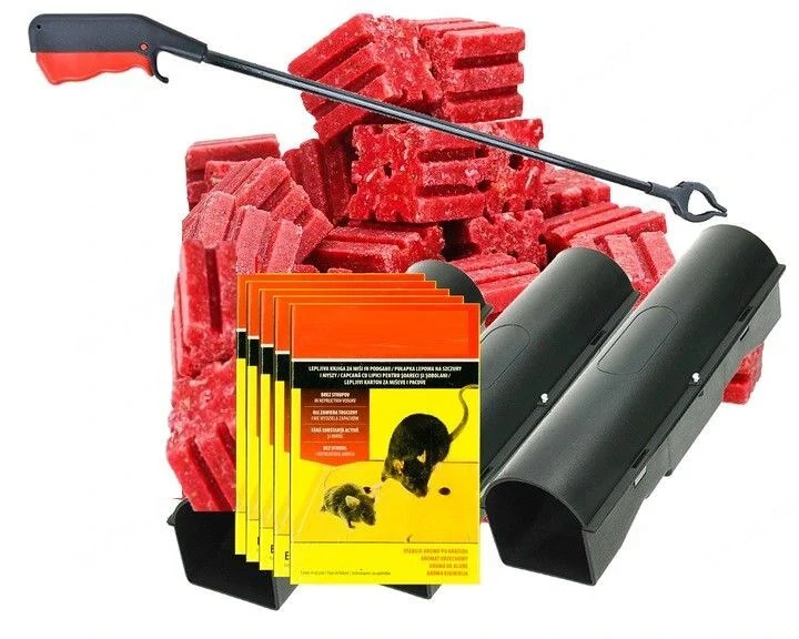 Artikel: 3kg rat bait, 3 traps, pliers, 5x adhesive traps, 3x bait station, mice pad, rat bait, rat 