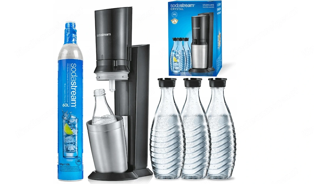 Sodastream 2.0 Wassersprudler Crystal 3x 0 6 l Glaskaraffe Aluminiumzylinder fuer 60 l