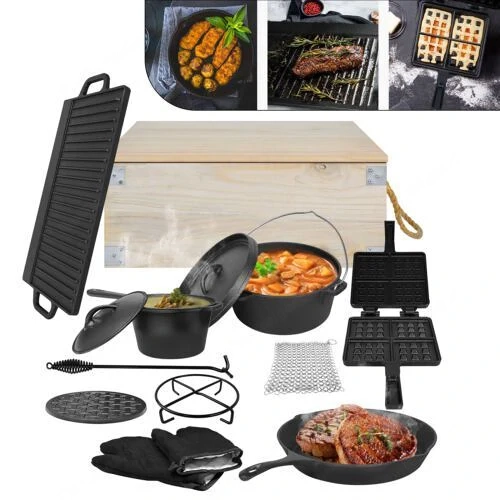 Dutch Kochtopf 11 tlg Oven Set Topf mit Holzkiste Grillplatte Gusseisen Outdoor