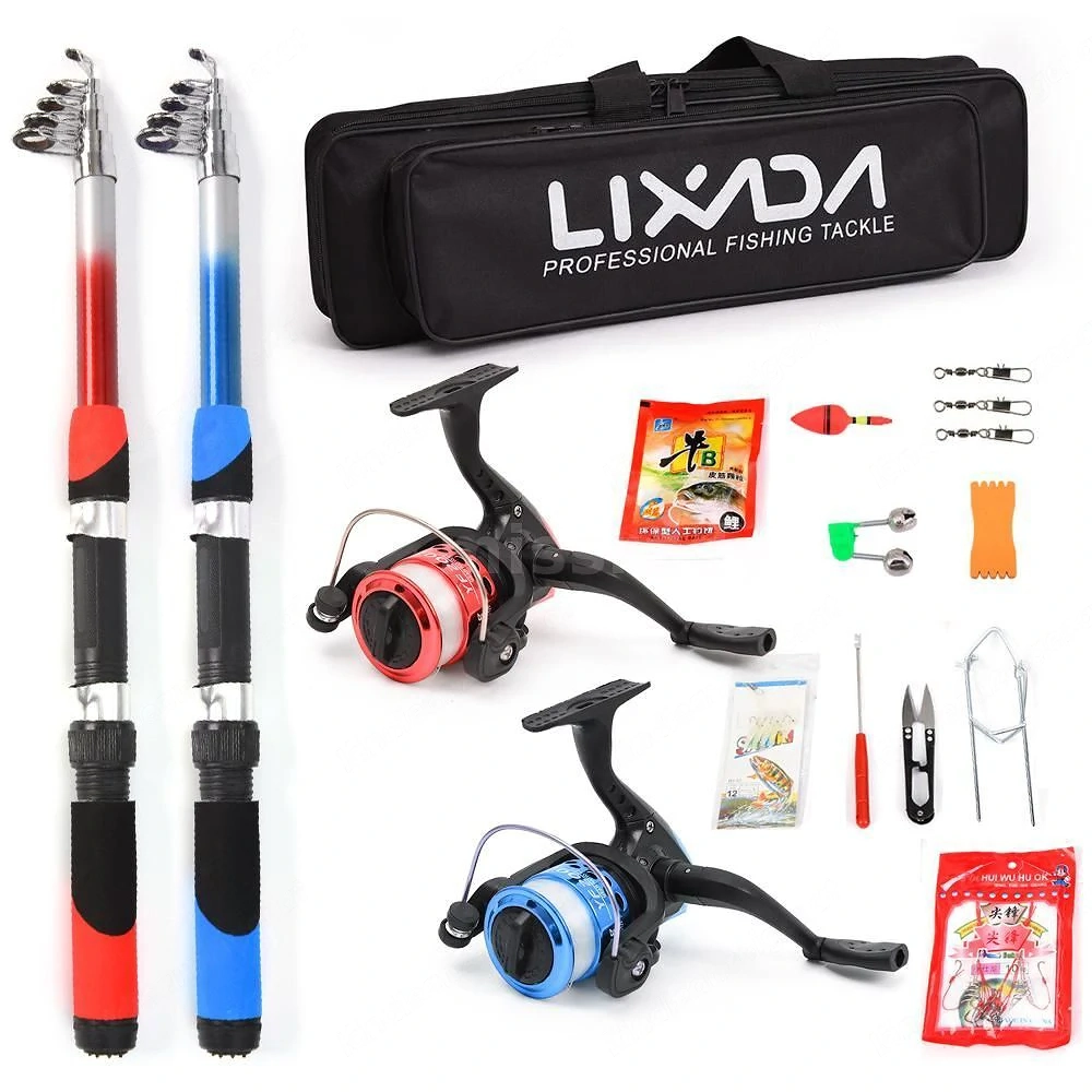 Artikel: Telescopic fishing set rod set complete set 210cm 2x spinning 2x reel accessories Hochwerti