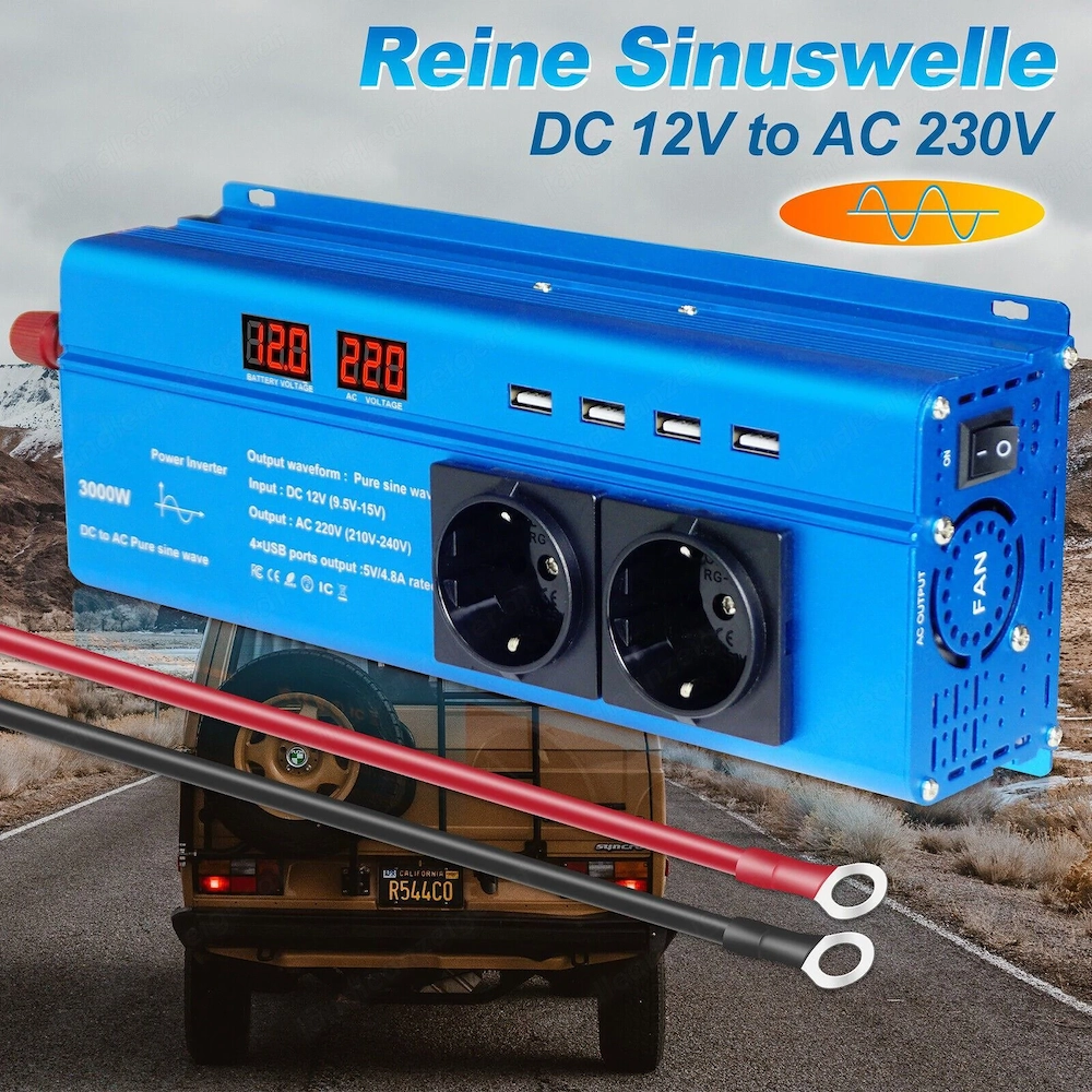 Artikel: Voltage converter 1500W 3000W Pure sine wave 12V - 230V inverter 4USB 2AC Hochwertiger Arti