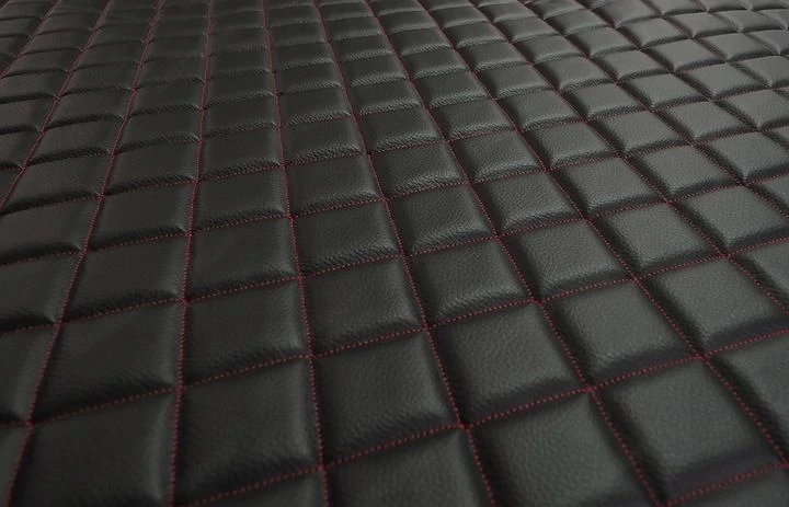 Polsterstoff aus oeko leder gestepptes material 10 mm schwarz mit rotem faden