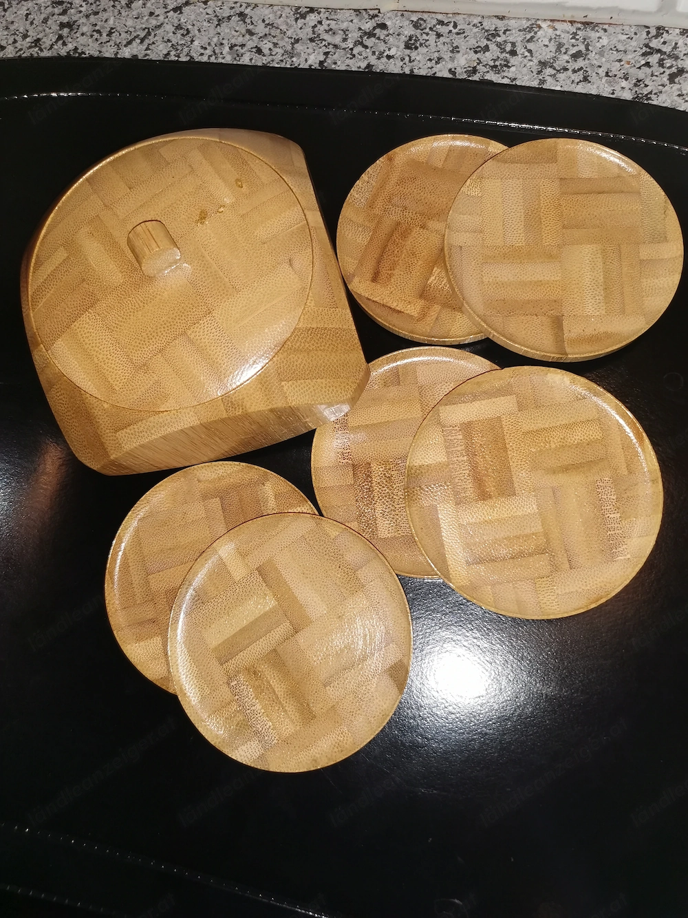 Deckeldose m. 6 Untersetzer DM 7,5 cm Holzoptik