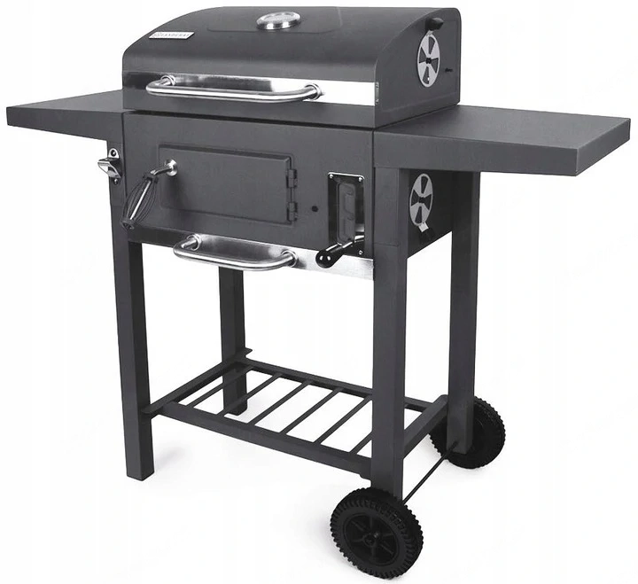BBQ Holzkohlegrill Grill Smoker Set in Graphit mit Deckel Hoehenverstellbar 2 Seitenablagen