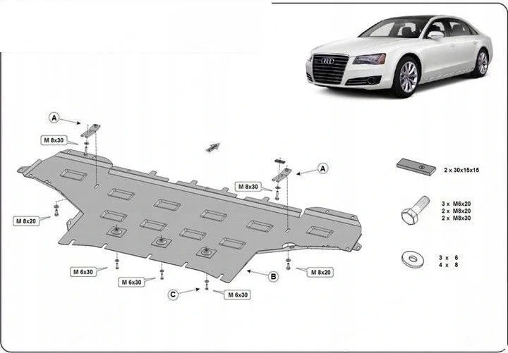 Stahl-Motorabdeckung Unterfahrschutz Audi A8 D4 (2010-2017) Umbau mit Anbaumaterial-Set