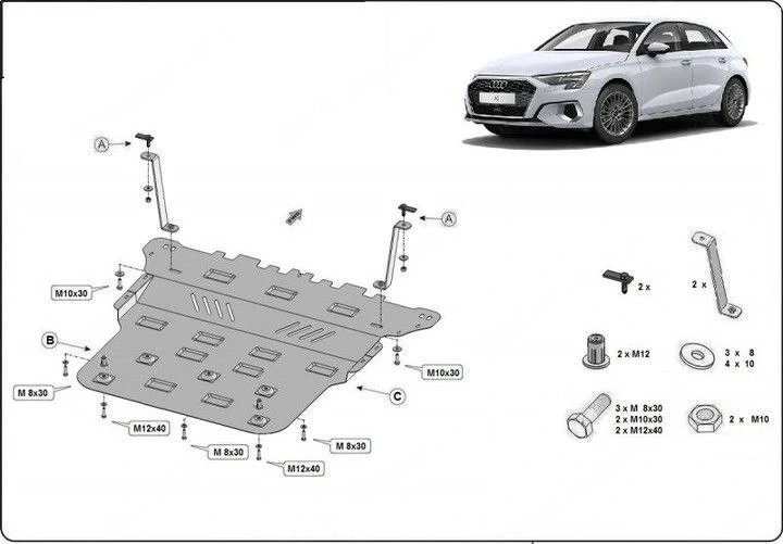 Stahl-Motorabdeckung Unterfahrschutz Audi A3 (2020-2022) Umbau mit Anbaumaterial-Set