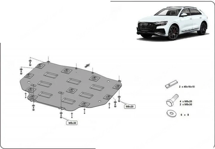 Stahl-Motorabdeckung Unterfahrschutz Audi Q8 Getriebe Stahlabdeckung (2018-2020) Umbau mit Anbaumate