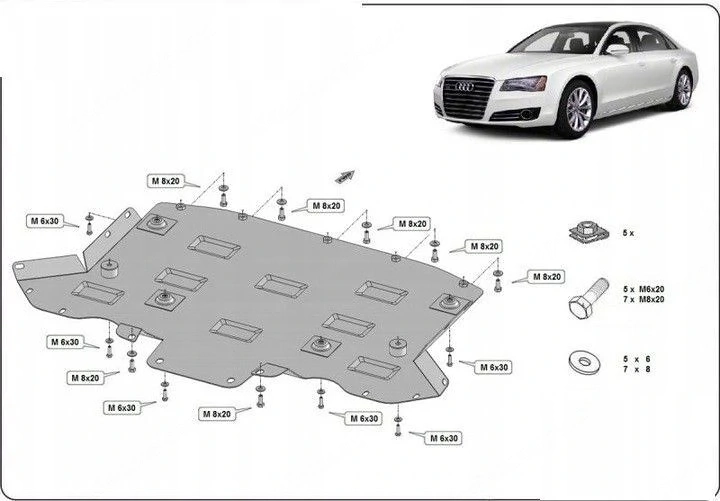 Motordeckel-Unterfahrschutz aus Stahl Audi A8 (2010-2017) Getriebedeckel-Umbau mit Anbaumaterial-Set