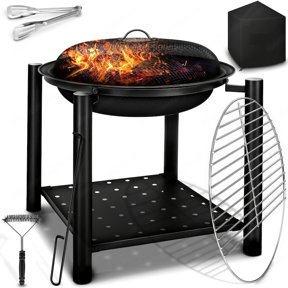Starterset Feuerschale mit Funkenschutz 3-in-1 Grill Feuerstelle BBQ Feuerkorb Garten