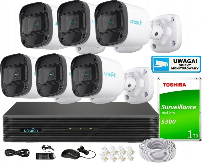 Uniarch IP- berwachungsset 5 MPx 6 PoE-Au enkameras 5MP CCTV-Kit KIT-IPC-B125-PF28 mit 1 TB Festplat