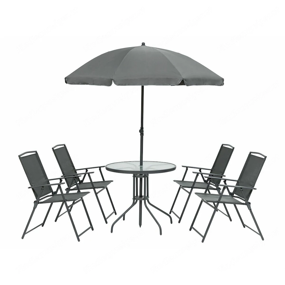 Sitzgruppe, 6-teilig, mit Tisch und Sonnenschirm