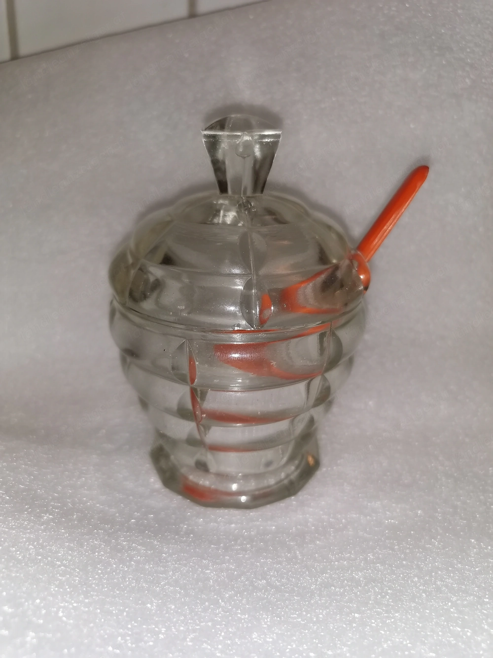 Glasbehälter Honig Marmelade m. Deckel u. Löffel vintage 