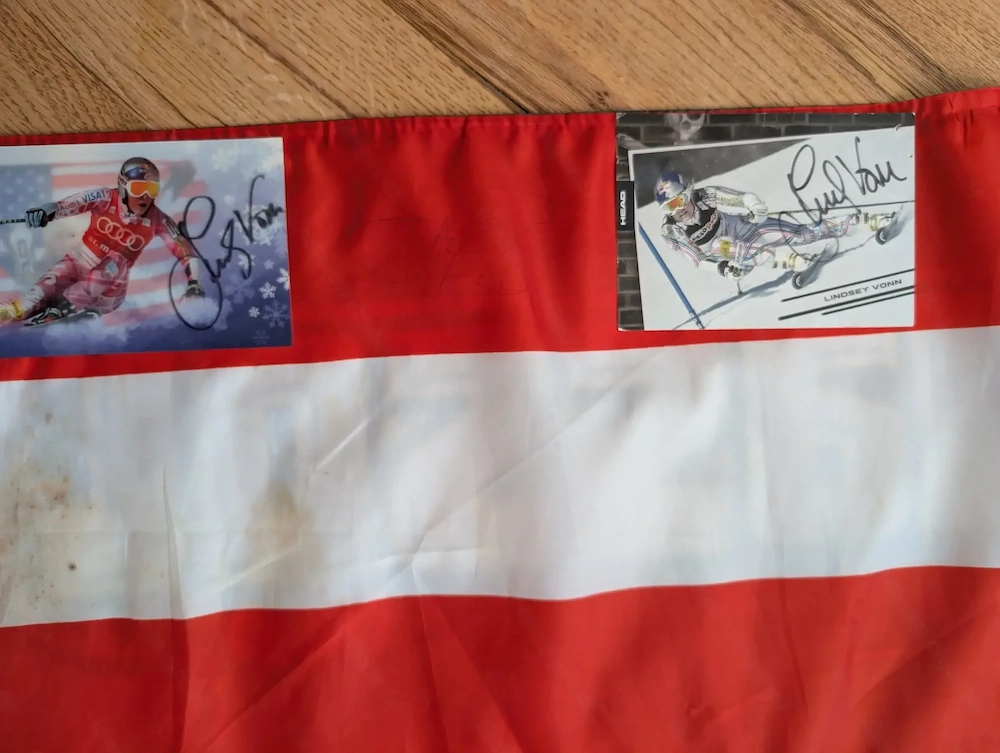 Lindsey Vonn signierte Gösser Fahne   Kandahar Weltcup St. Anton am Arlberg 2013