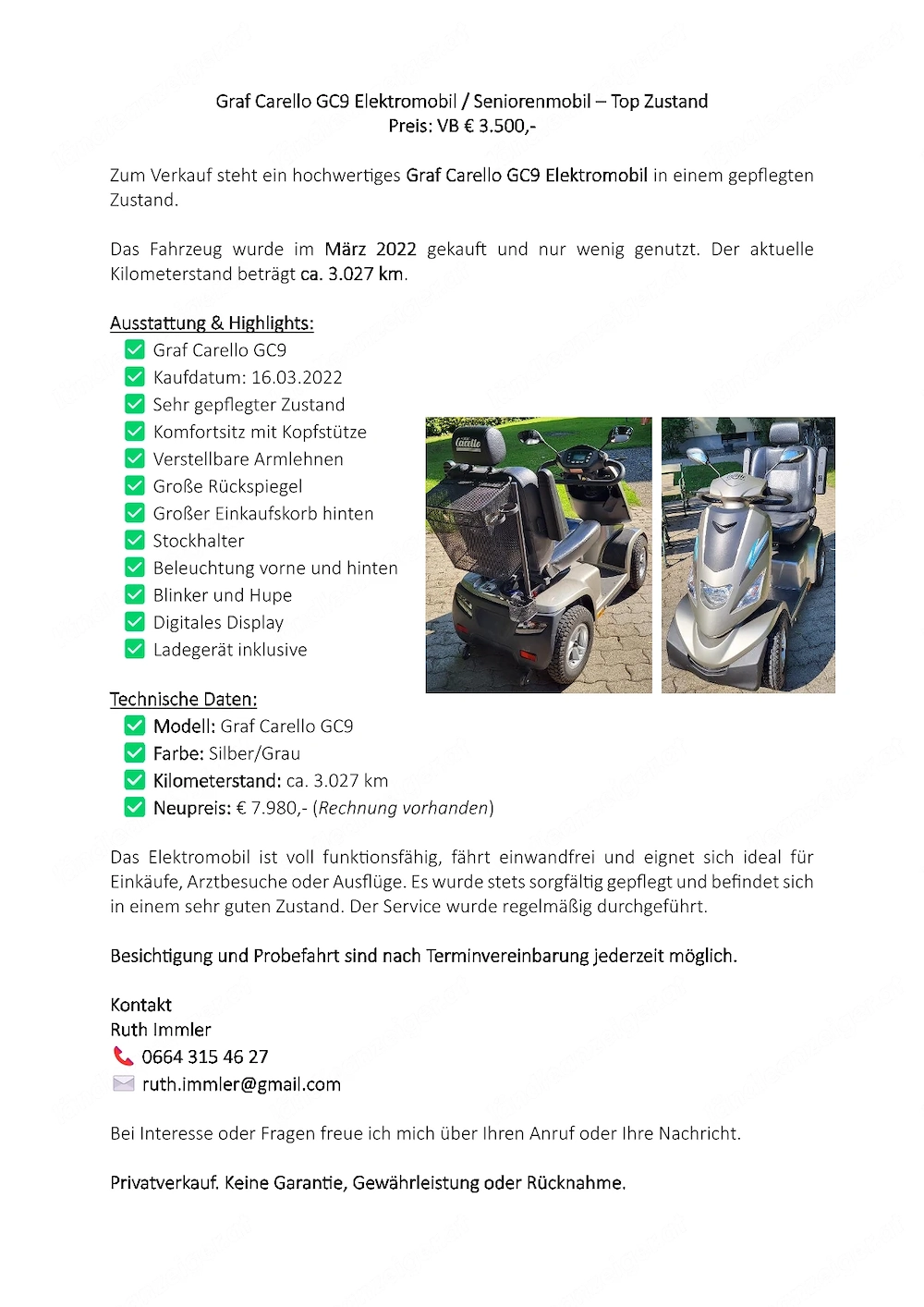 Graf Carello GC9 Elektromobil   Seniorenmobil - Top Zustand