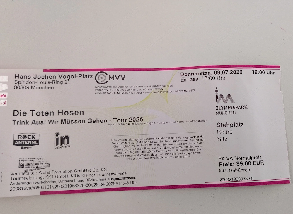 Stehplatztickets Die Toten Hosen Abschiedstournee in München (ausverkauft, günstiger als O.-Preis)