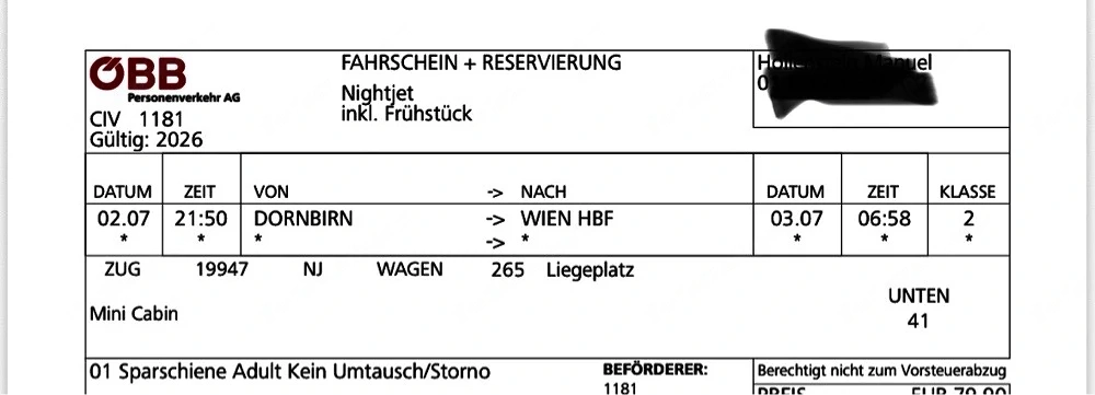 ÖBB Nightjet Ticket (Mini Cabin) Dornbirn-Wien für heute   