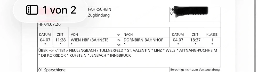 ÖBB Ticket Business Class Wien-Dornbirn 04.  Uhr